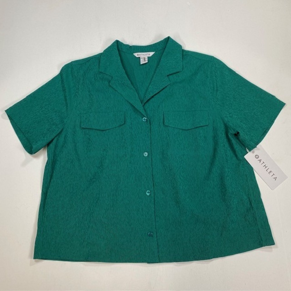 Athleta Echo Top Green Short Sleeve Button Down Shirt‎ Womens Medium NWT